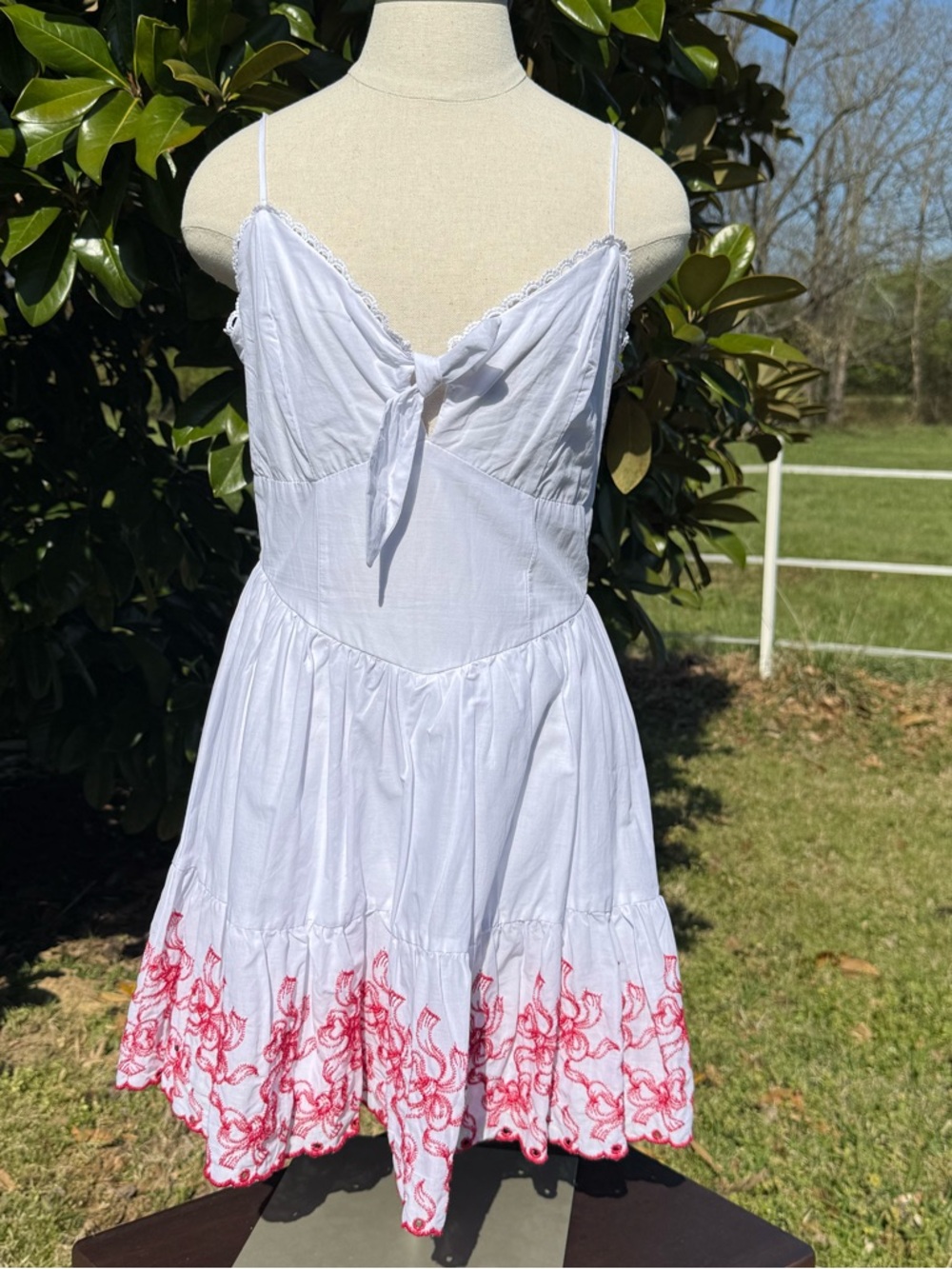 Francesca's Collections White Sundress with Red Embroidered Hem